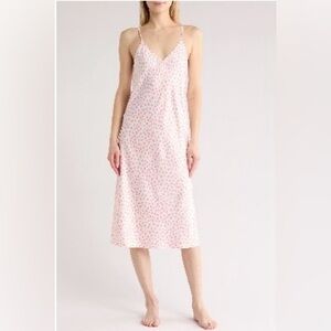 🆕 Nordstrom Rack Satin Midi Pink Chemise with Heart Pattern, Size XL